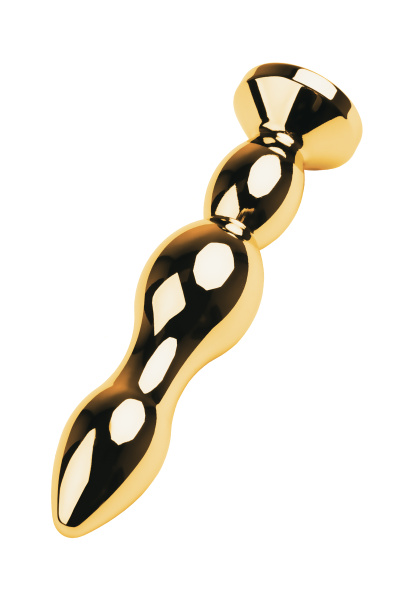 Анальная втулка TOYFA Metall, металл, золотая с зеленным кристалом, 13,5 см, Ø 3 см, 140 гр